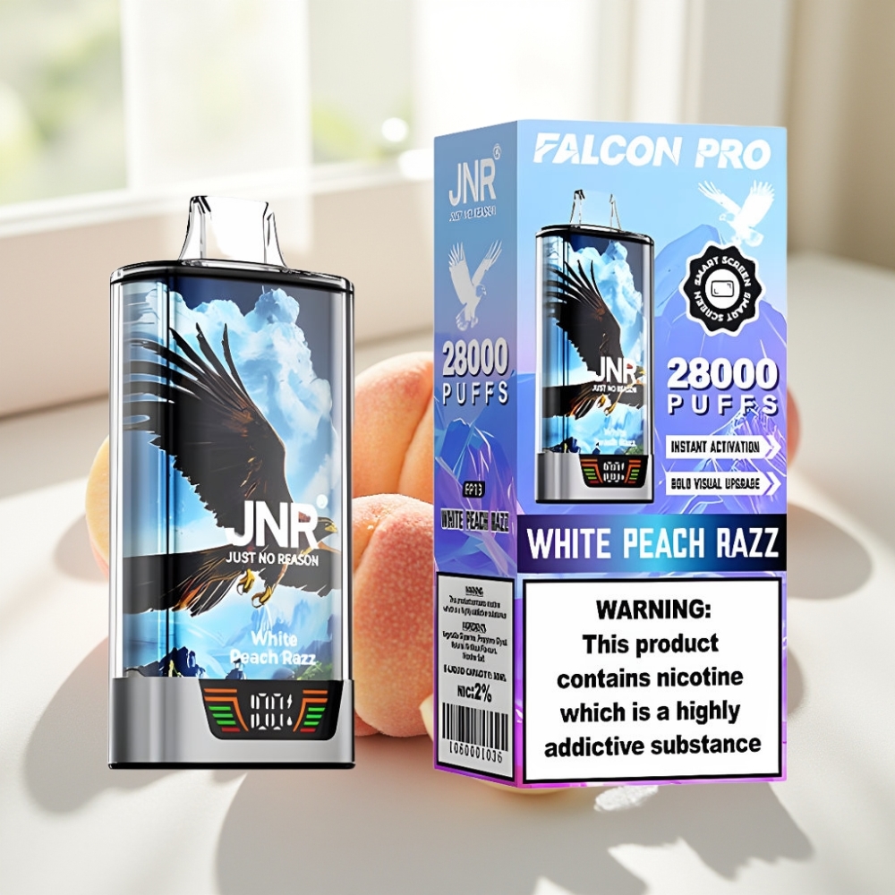 JNR Falcon Pro 28000 Disposable Vape Durazno Blanco Frambuesa Dual Mesh Coil USB-C