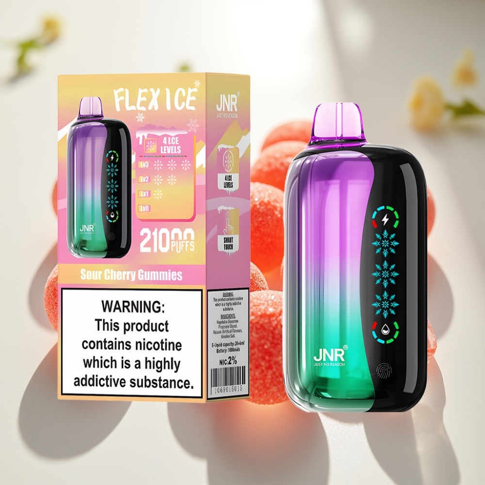 JNR Flex Ice 21000 Puffs Disposable Vape Cerezas Ácidas Gomosas, Aire Ajustable, Pantalla Táctil