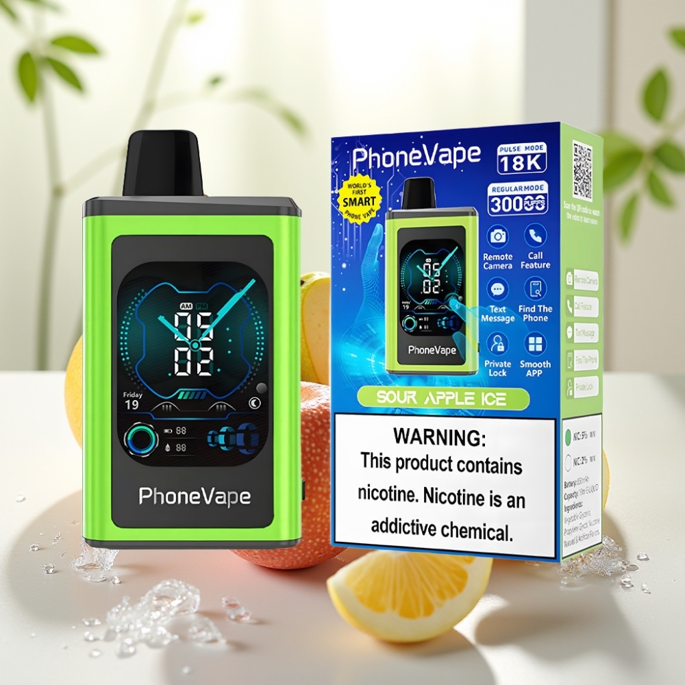 JNR PhoneVape Manzana Ácida Helada 30000 puffs con Pantalla Completa y Cámara Remota