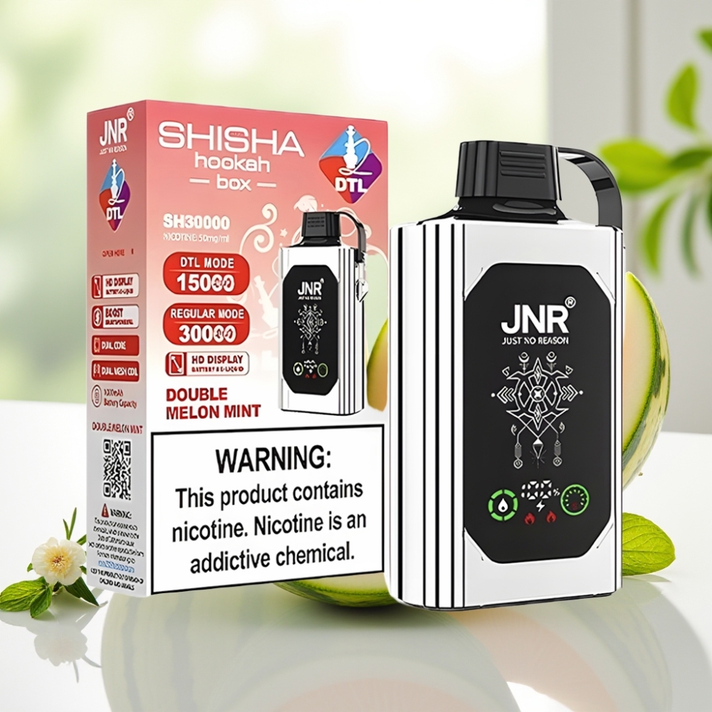 JNR Shisha Hookah Box 20500 Puffs Disposable Vape Melón Doble Menta HD Display Dual Mesh Coil