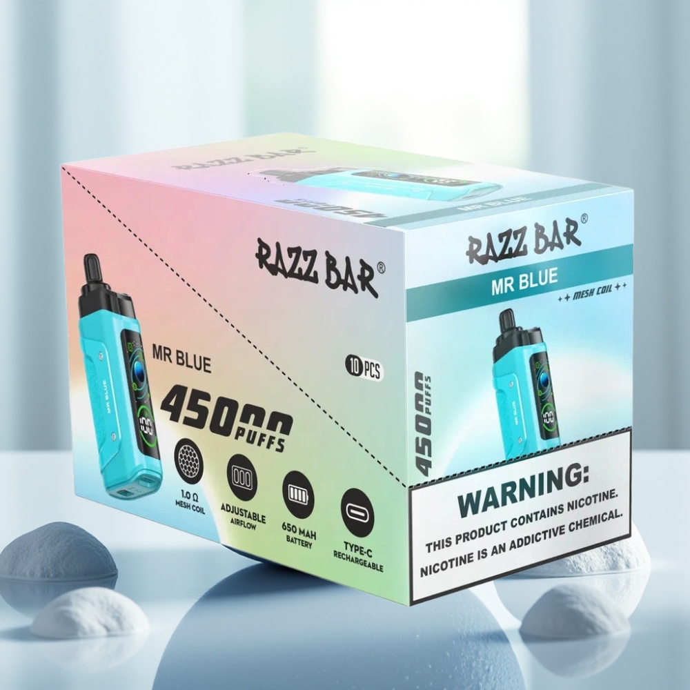 Razz Bar 45000 Puffs Disposable Vape Mr Azul con Bobina Mesh 1.0 Ohm y Flujo de Aire Ajustable